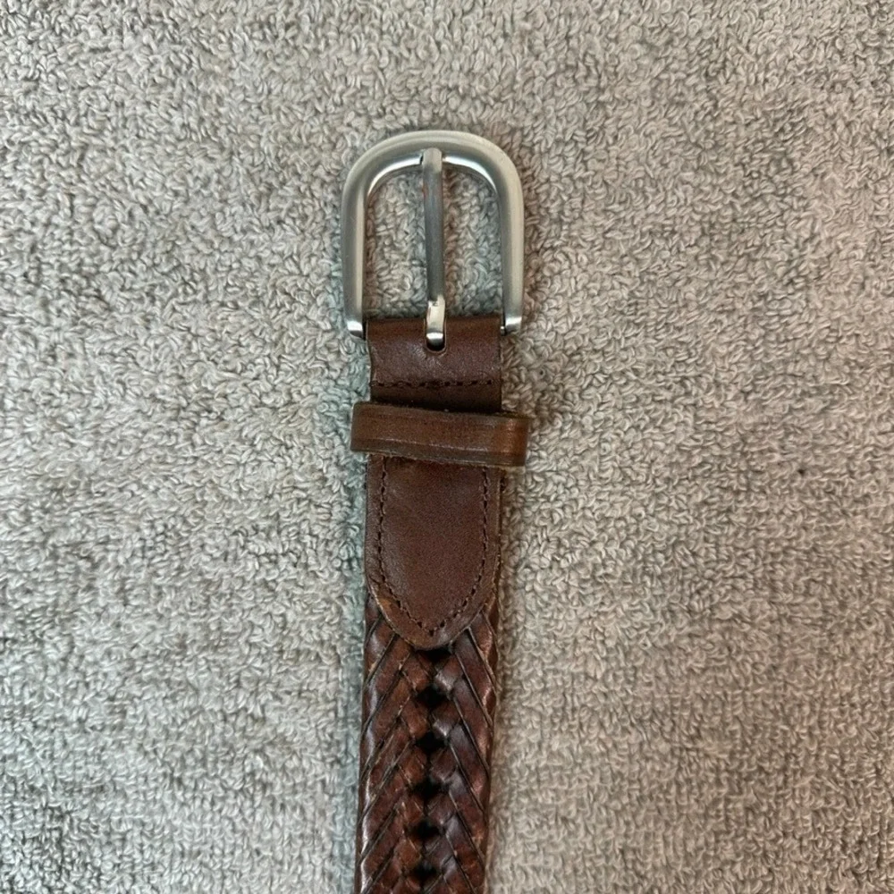 Brown Braided Leather Belt Mens 44 Silver Buckle Woven RN130273 51 Inch